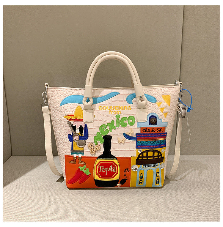 Bordado de tema mexicano de PU al por mayor Bordado de gran capacidad Bolso de hombro casual