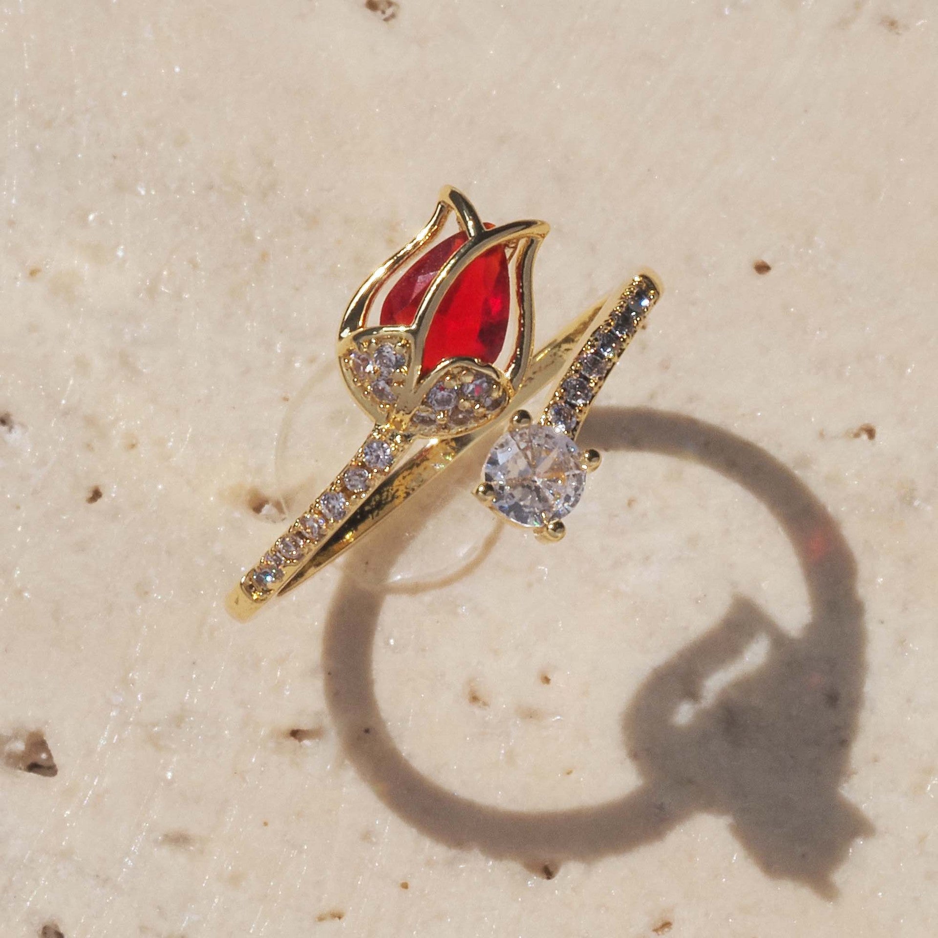 Wholesale Tulip Ring Copper Gold-Plated Simple Niche  Flower Copper Zircon Ring