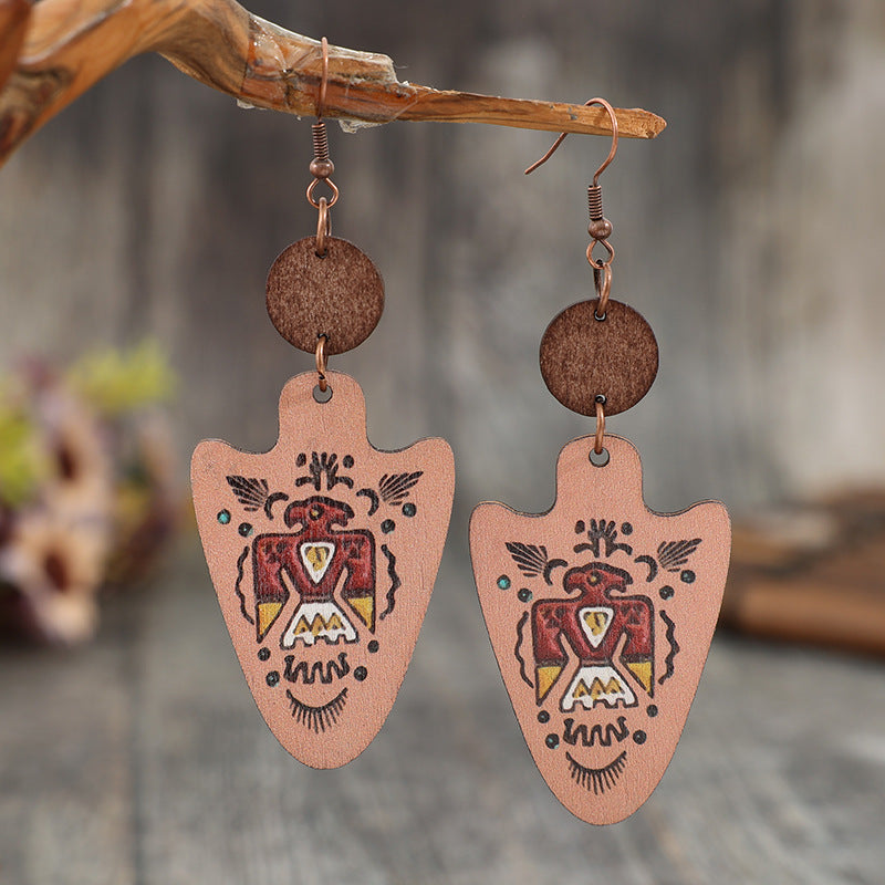 Wholesale Western Vintage Style Arrow Carved Cactus Wooden Earrings
