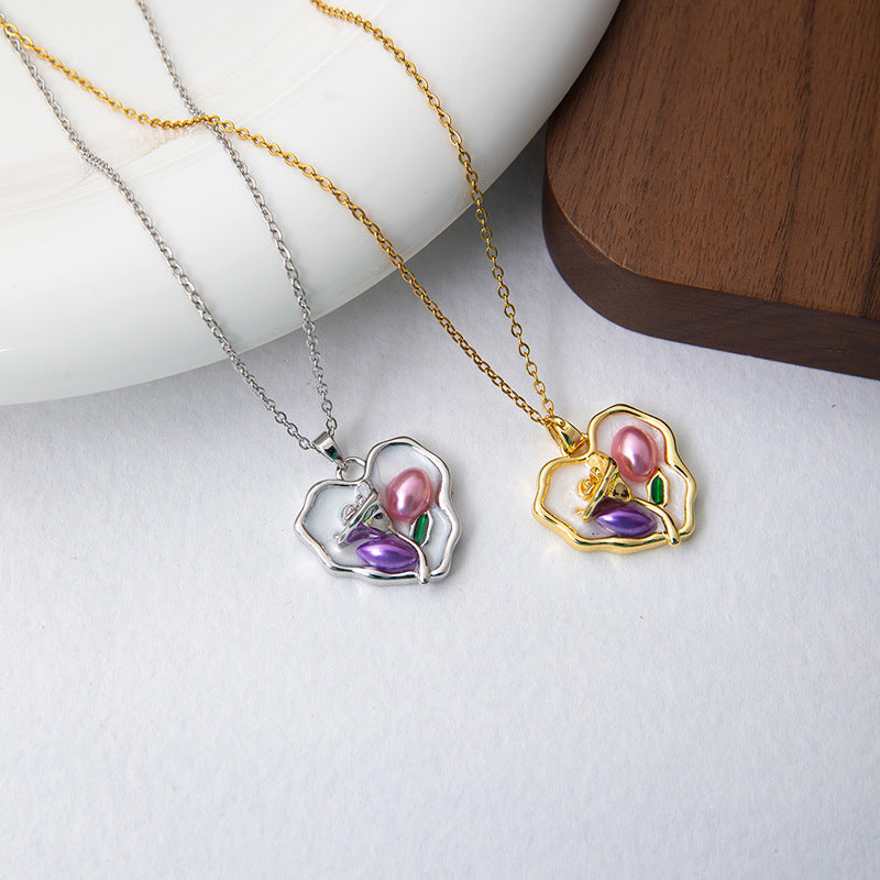 Wholesale rose oil painting high-grade necklace pearl color simple clavicle chain stainless steel plated 18k gold necklace for women