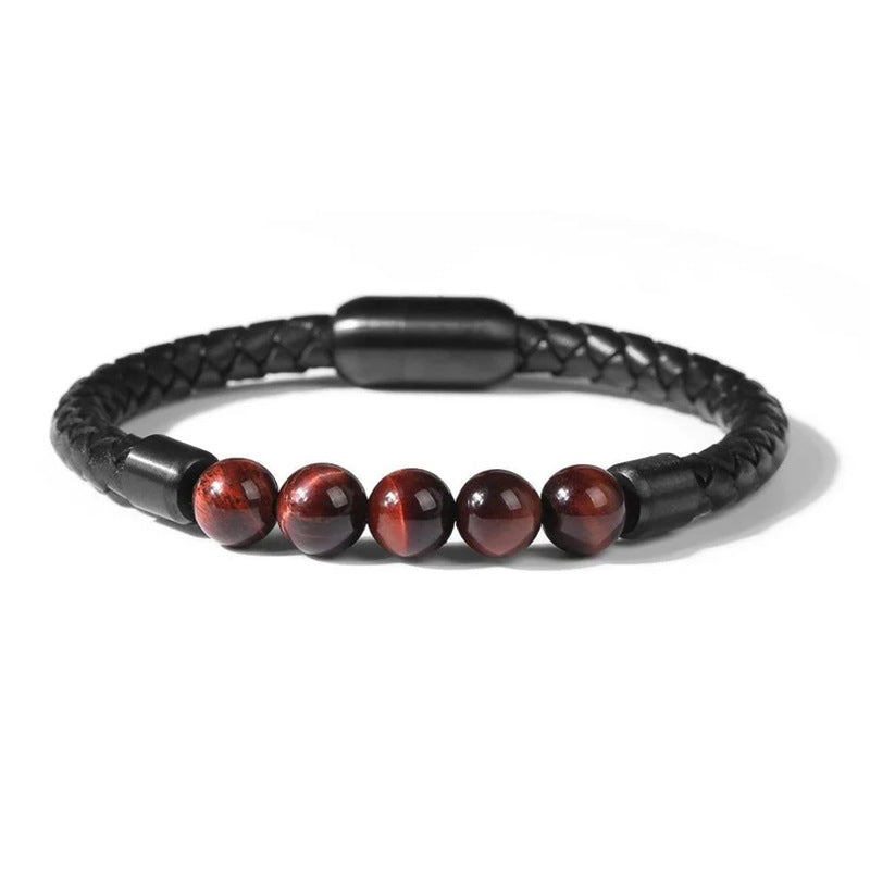Wholesale 8mm Color Tiger Eye Stone Beaded Stainless Steel Magnetic Buckle Leather Cord Bracelet