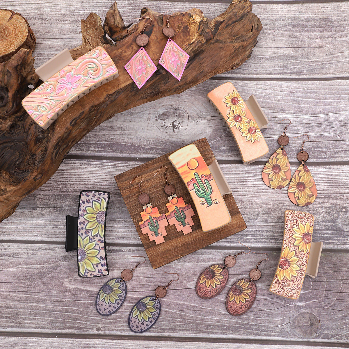 Wholesale Western Denim Wind Sunflower Cactus Leather Women' s Hairpi Grab Clip