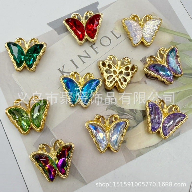 Wholesale 20pcs Stereo Butterfly Inlaid Beads Eight-Hole Color Diamond 3D Alloy Crystal Beads