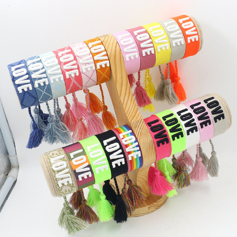 Wholesale 3D Embroidery Letter Tassel Polyester Bracelet