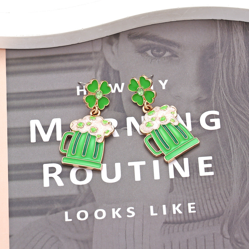 Wholesale St. Patrick's Four-leaf Clover Alloy Oil-drip Diamond Beer Mug Earrings