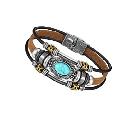 Wholesale Hot Selling Accessories Bohemian Turquoise Brown Leather Long Vintage Necklace