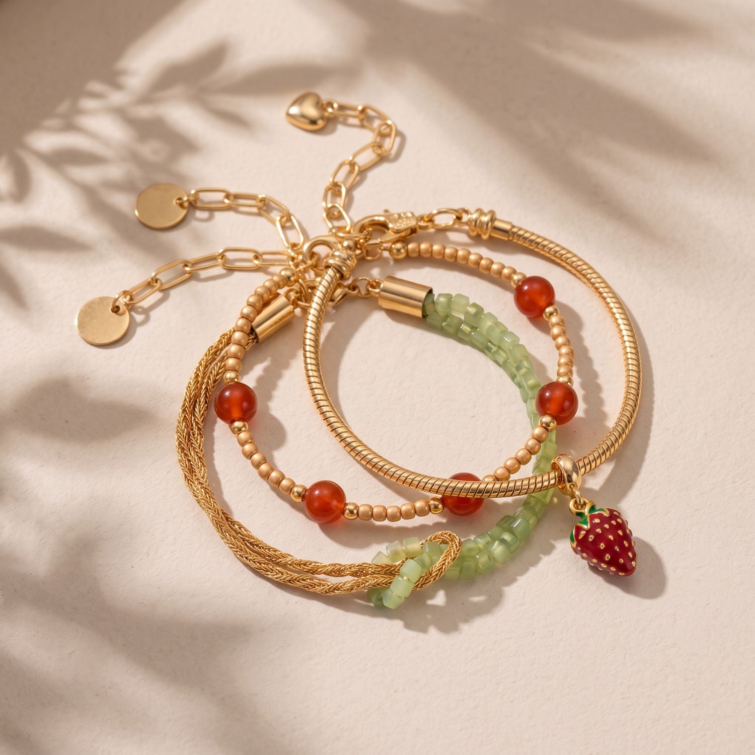Wholesale Vacation Style Multi Layer Retro Stacking Bracelet Tassel Red Agate Heart And Zircon Gold Plated Copper Women S Jewelry Accessory