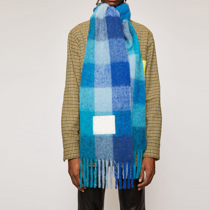 Wholesale Winter Ac Double Sided Rainbow Plaid Long Color Block Tassel Polyester Scarf