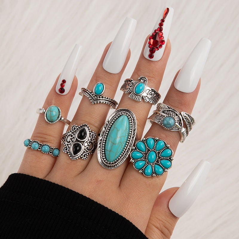 Wholesale Vintage Antique Turquoise Inlaid Exaggerated Ring suit Flower Crown Leaves Eagle Joint Ring Eight-piece Set