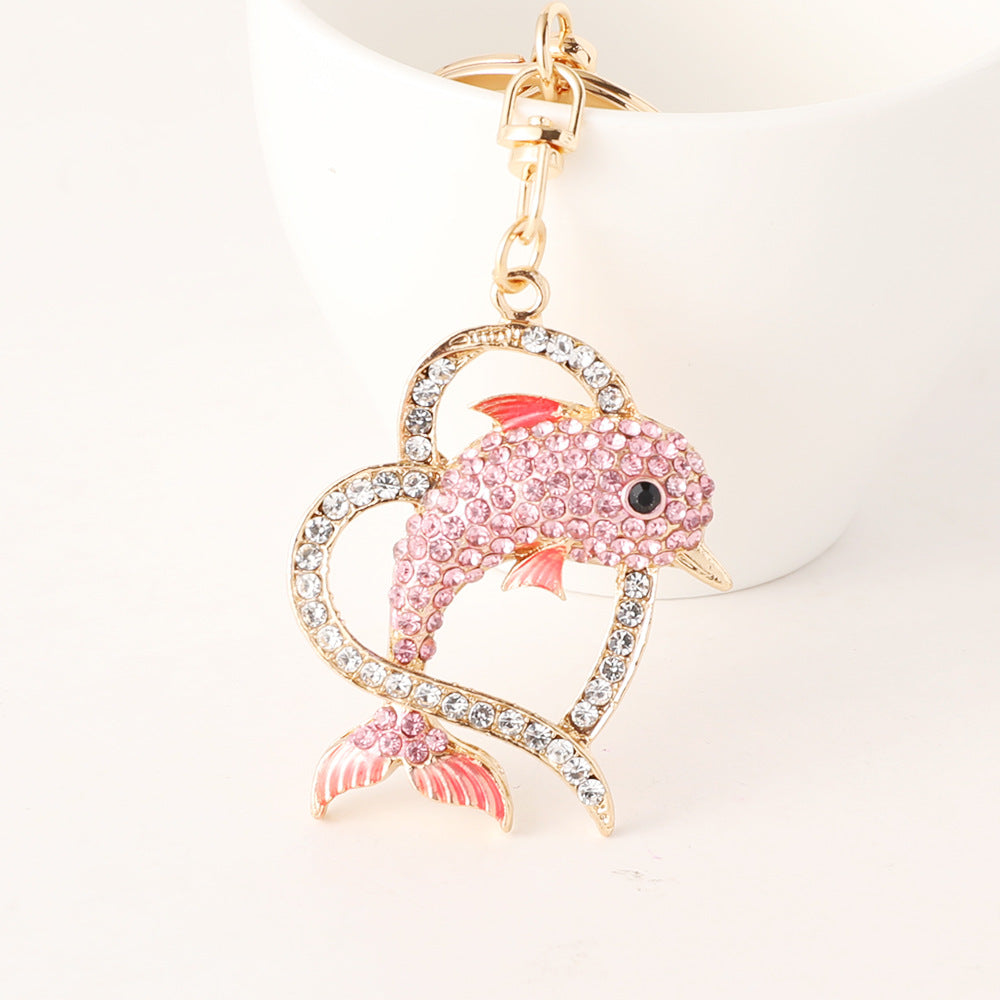 Wholesale Creative Ocean Diamond studded Love Dolphin Metal Keychain