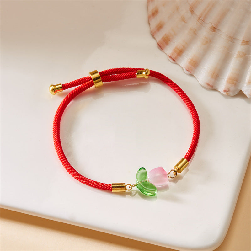 Wholesale Tulip bracelet black and red rope a pair of pull-out flower adjustable flower bracelet