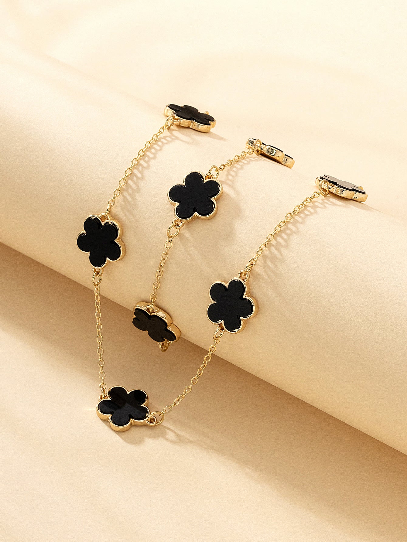Wholesale Alloy Delicate Black Imitation Mother-of-Pearl Flower Bracelet Necklace