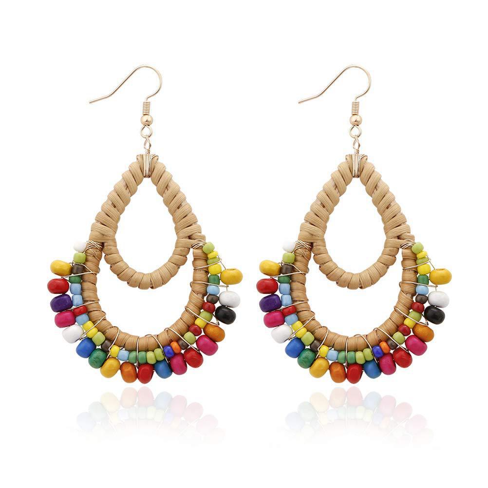 Wholesale Bohemian Rattan Wooden Beads Fishhook Hoop Earrings
