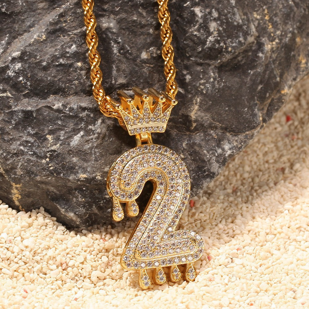 Wholesale Lucky Number Zircon Full Diamond Crown Pendant Necklace