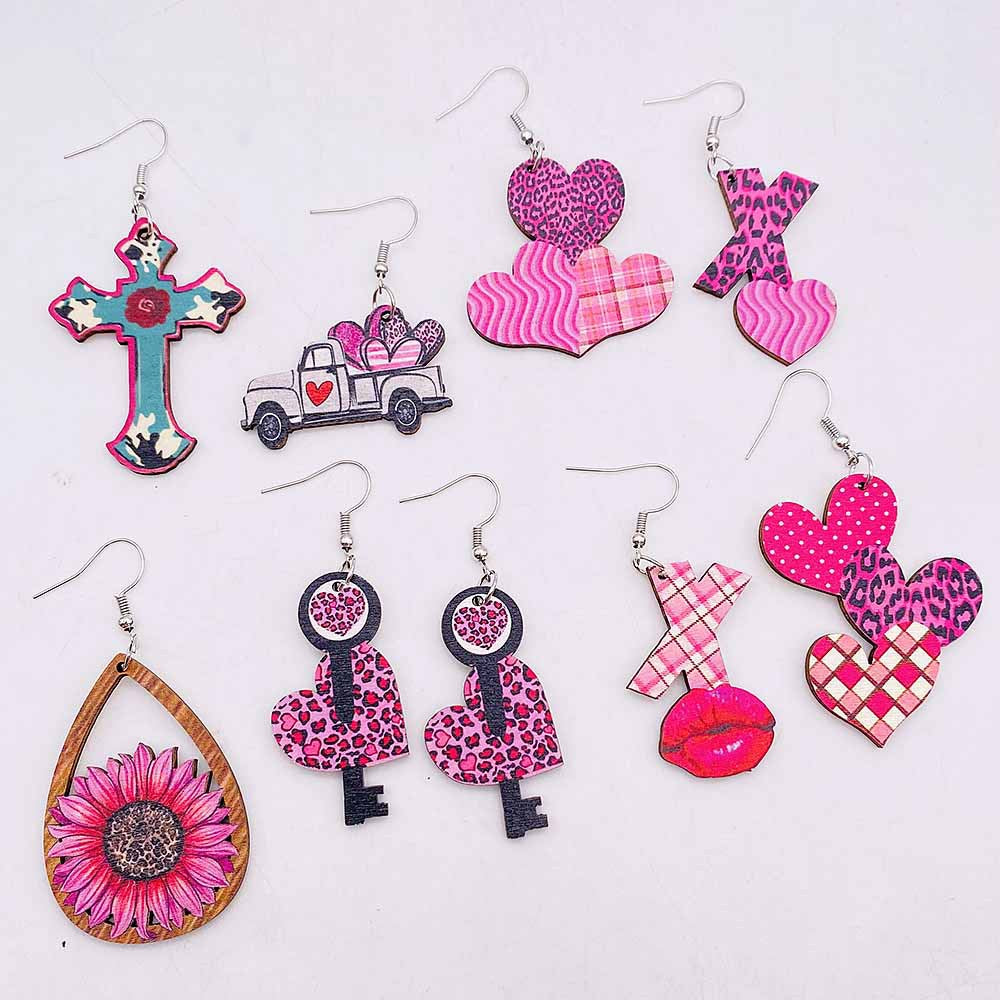 Wholesale Valentine's Day Cow Pink Love Truck Cross Wooden Earrings