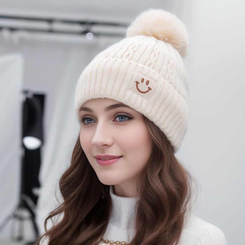 Wholesale Autumn/Winter Cute Versatile Plush Thickened Wool Ball Knitted Warm Ear Protector Hairline Hat