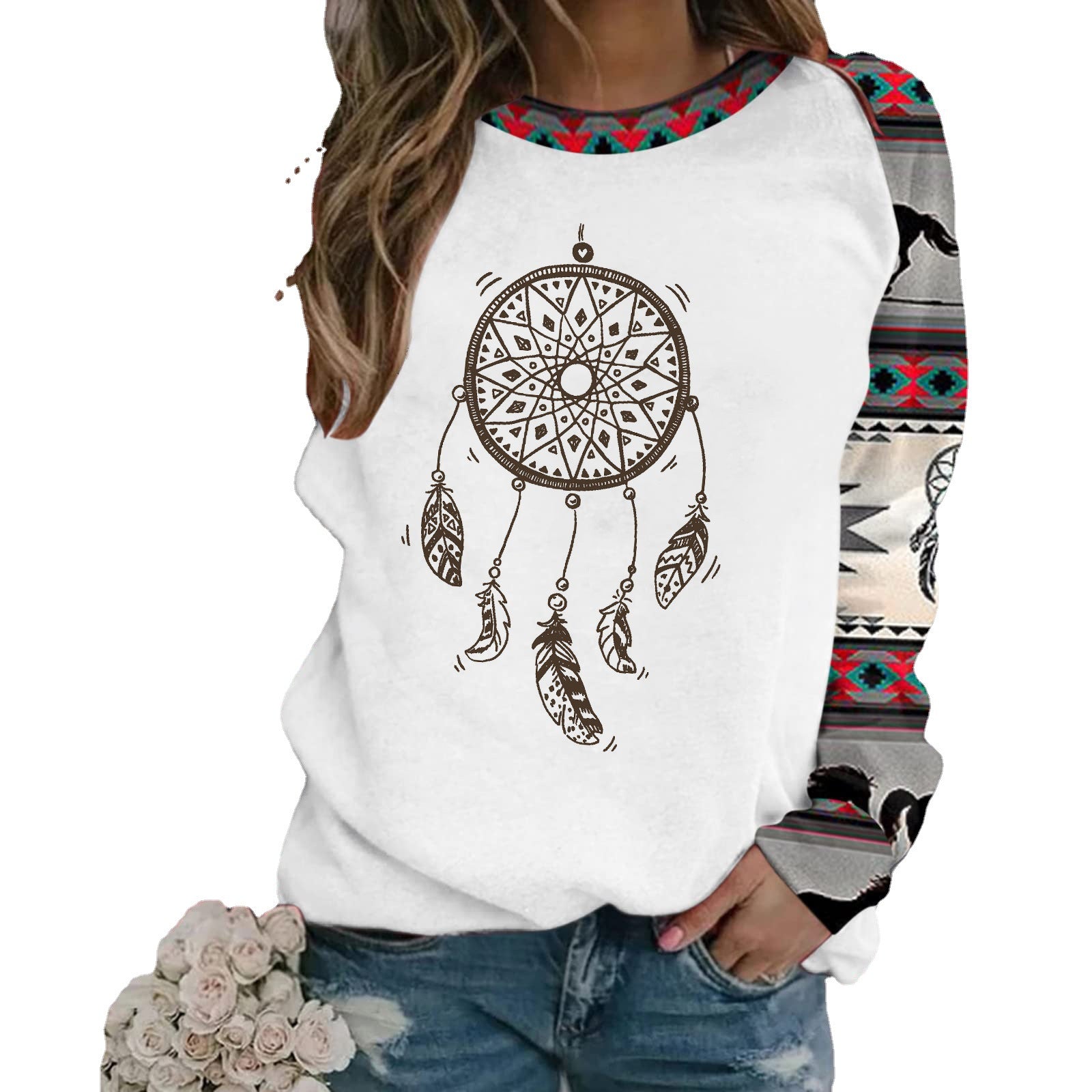 Wholesale Polyester Fiber Retro Digital Printed Raglan Long Sleeved Tops