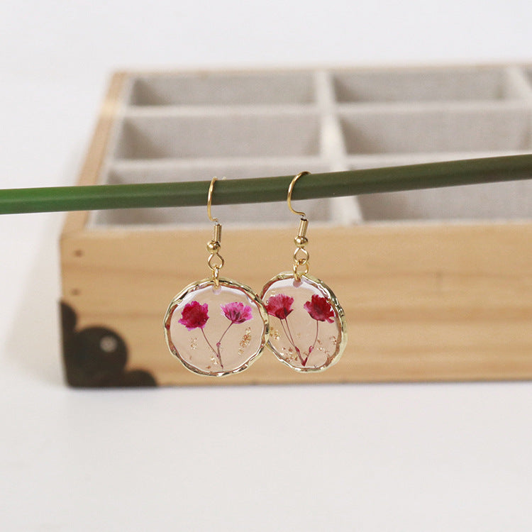 Wholesale new 6pcs/pack resin dried flower irregular round gold earrings creative real flower fashion earrings