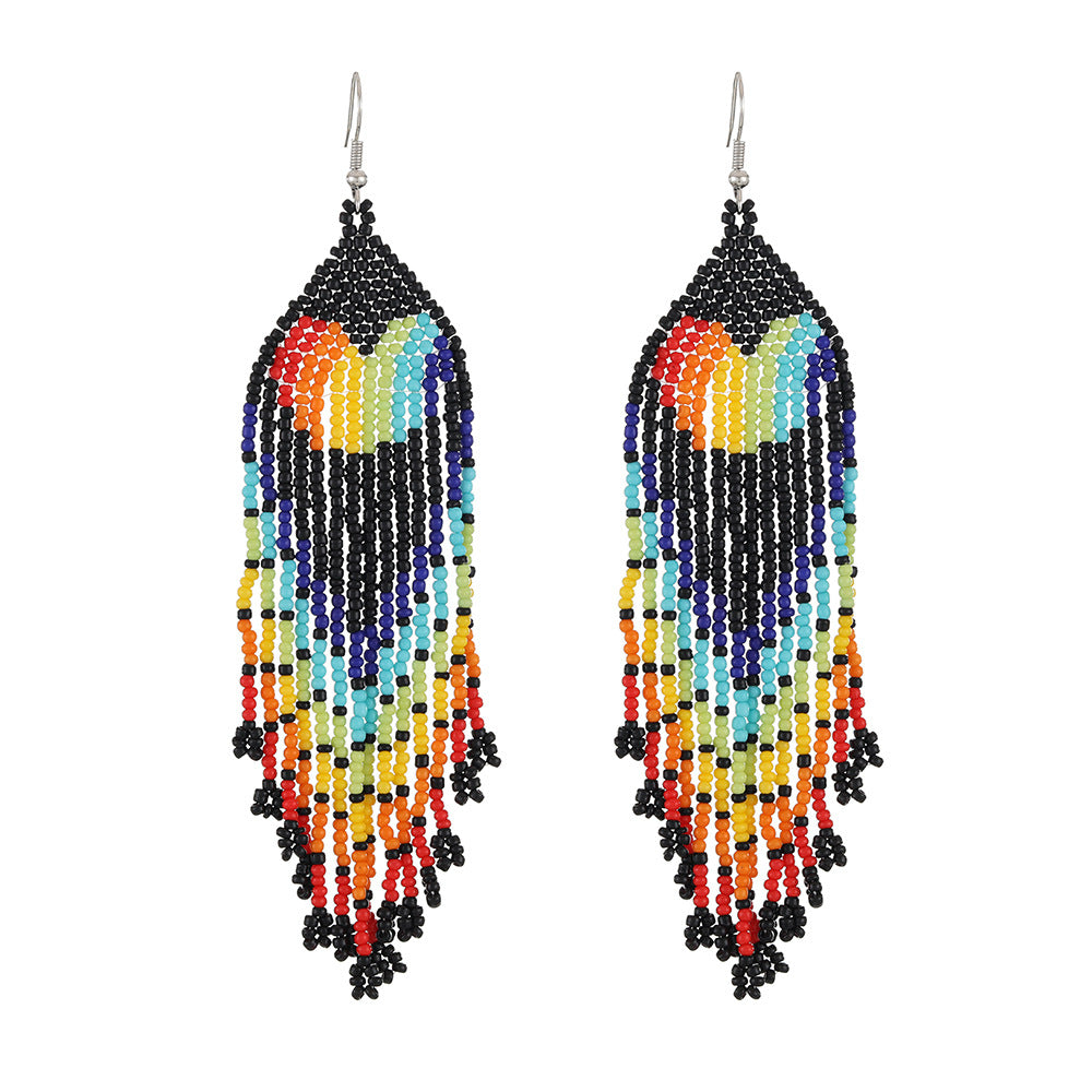 Wholesale Bohemian Handwoven Rainbow Heart-shaped Rice Bead Tassel Earrings