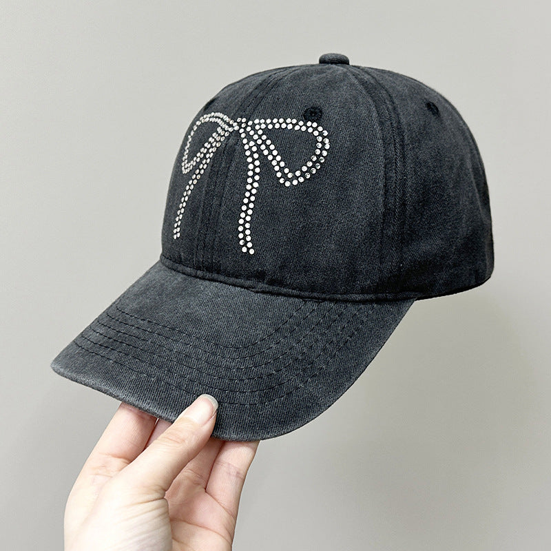 Wholesale Bow Rhinestone Soft Top Distressed Baseball Cap