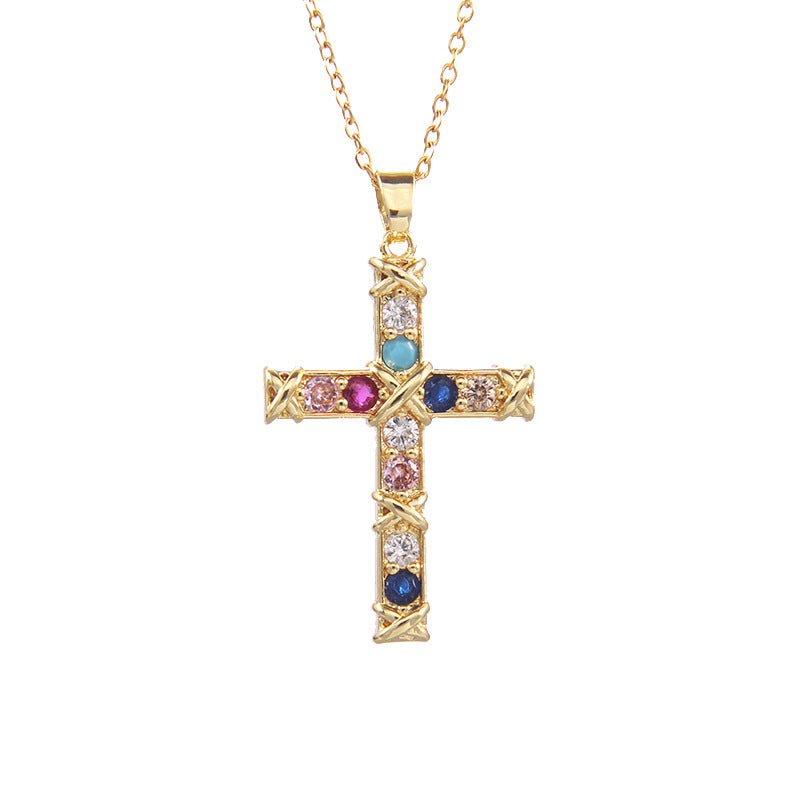 Wholesale Colorfulful Zircon Men' s and Women' s Cross Necklace Niche Design