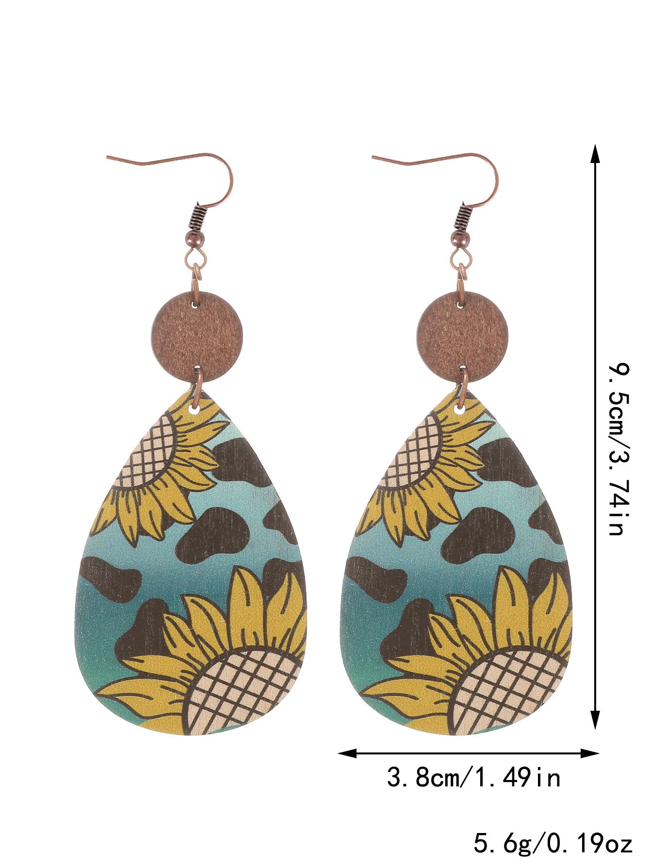 Wholesale Western style sunflower cow pattern farm retro wood grain wood chip thin Earrings