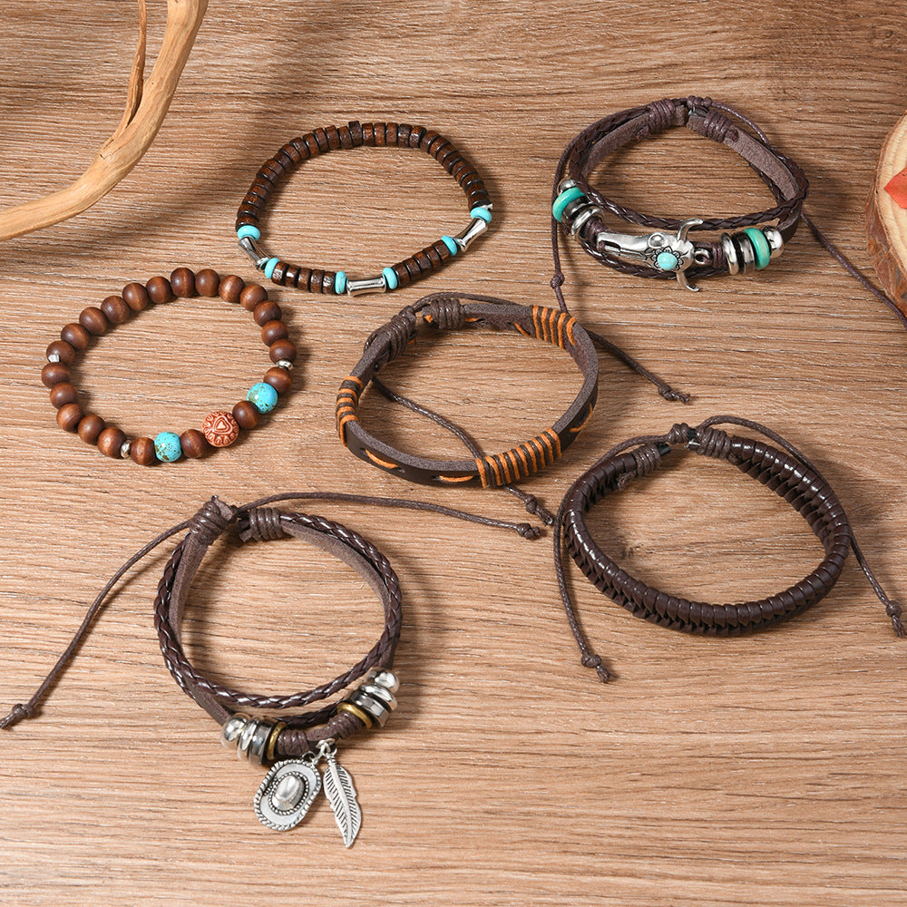 Wholesale Retro cowboy hat feather bull head multi-layer elastic rope hand-woven leather bracelet
