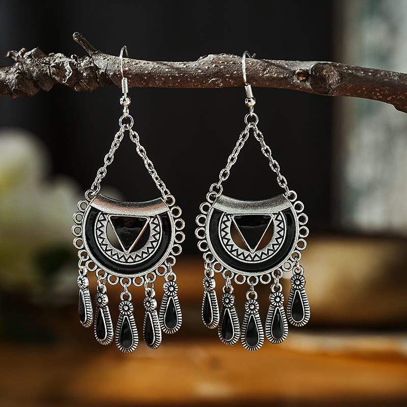 Wholesale Fan-shaped Chain Dripping Oil Retro Craft Multi-layer Alloy Earrings