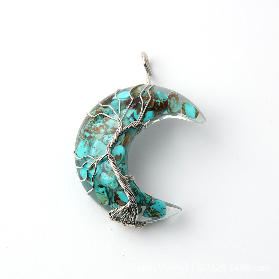 Wholesale Moon Wrap Tree of Life Gravel Pendant Resin Stainless Steel Chain Tooth Necklace