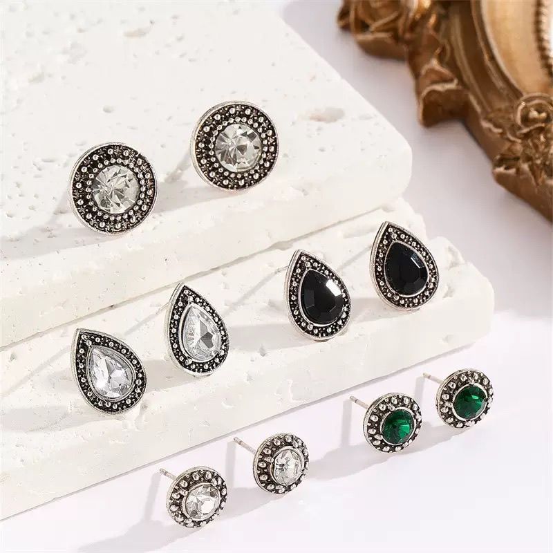 Wholesale 5 Pairs Ancient Silver Zinc Alloy Bohemian Drop Earrings With Zircon And Black Stone Vintage Style Fashion Accessory