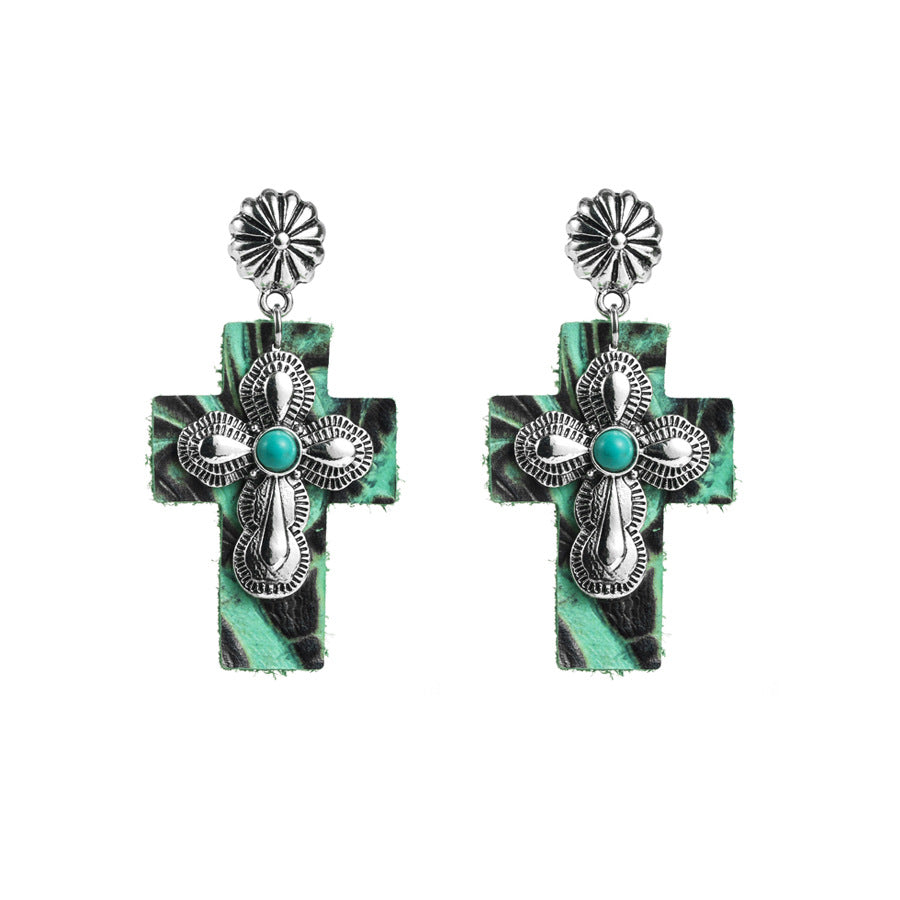 Wholesale Turquoise Leather Exaggerated Cross Earrings