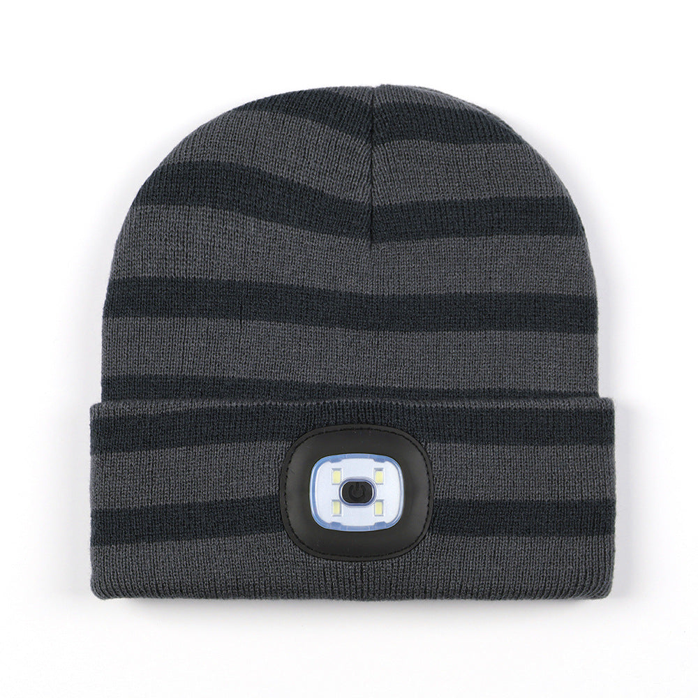 Wholesale Leopard Camo LED Knitted Hat USB Charging Warm Night Running Woolen Hat