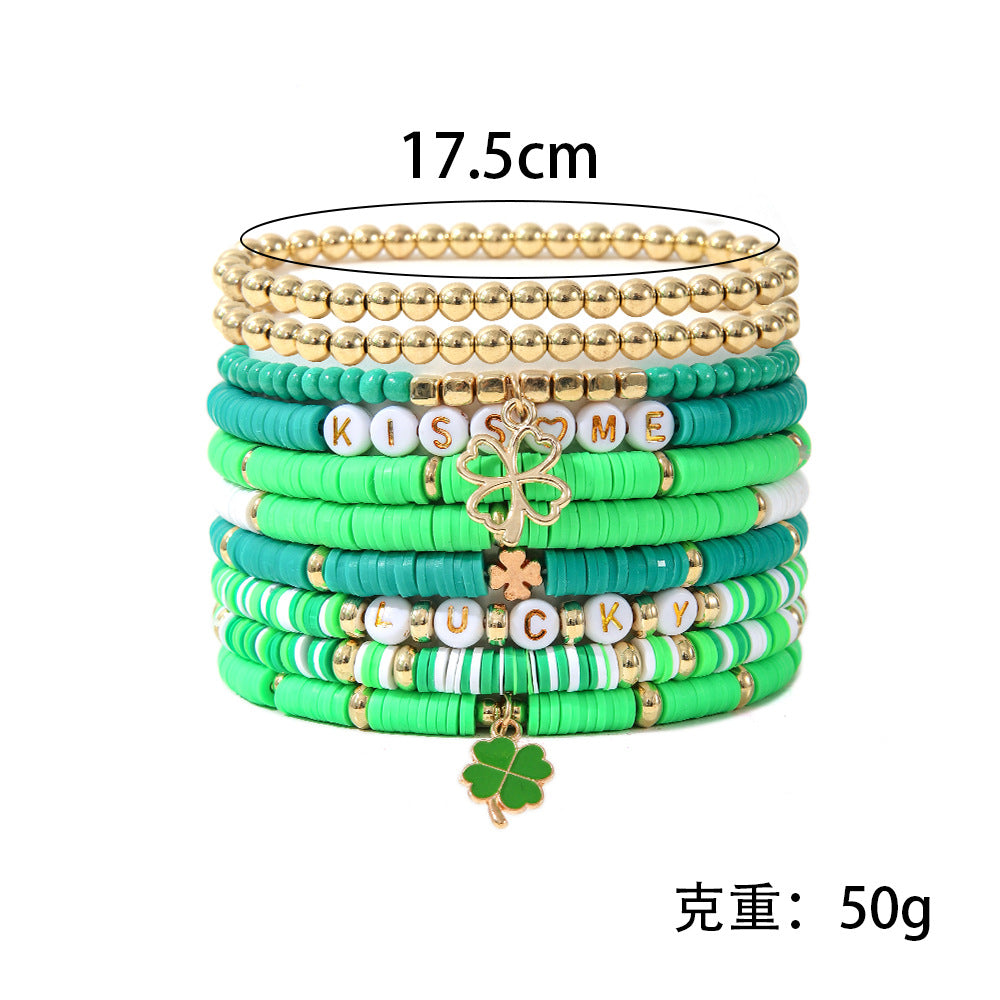 Wholesale St.  Patrick' s Day Green Lucky Clover Soft Ceramic Bracelet Set