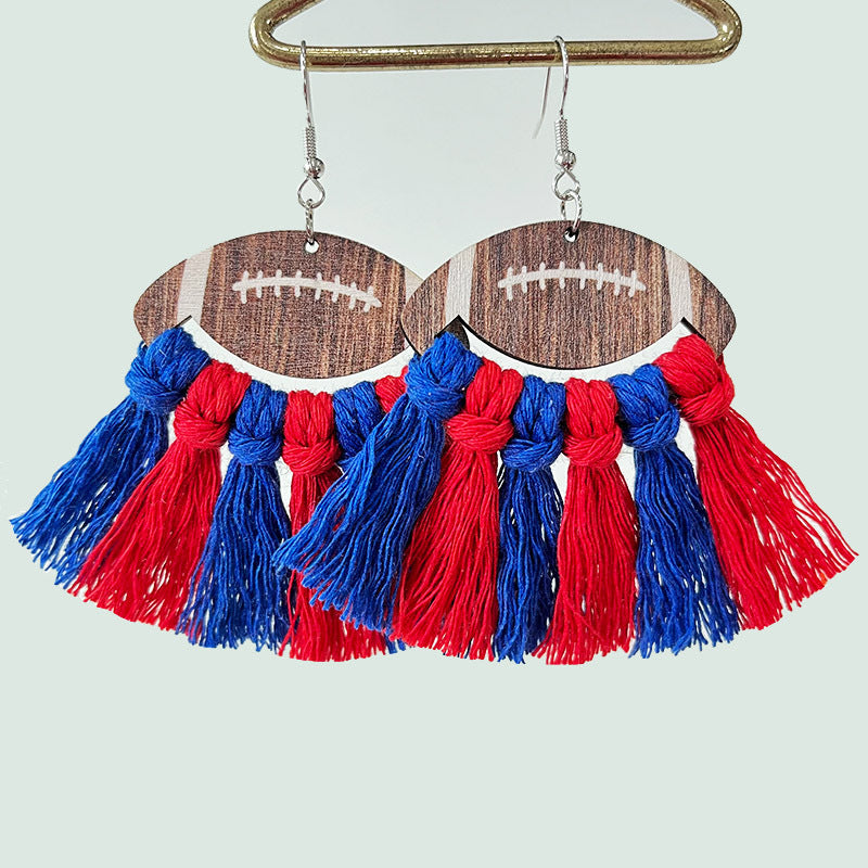 Wholesale 2 Pairs/pack Sports Woven Tassel Rugby Football Cheerleaders Wooden Drop Earrings