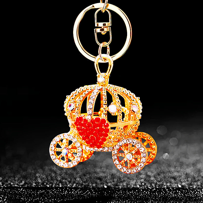Wholesale Metal Rhinestone Pumpkin Carriage Keychain Bag Charm Pink Car Key Accessory Decorative Gift