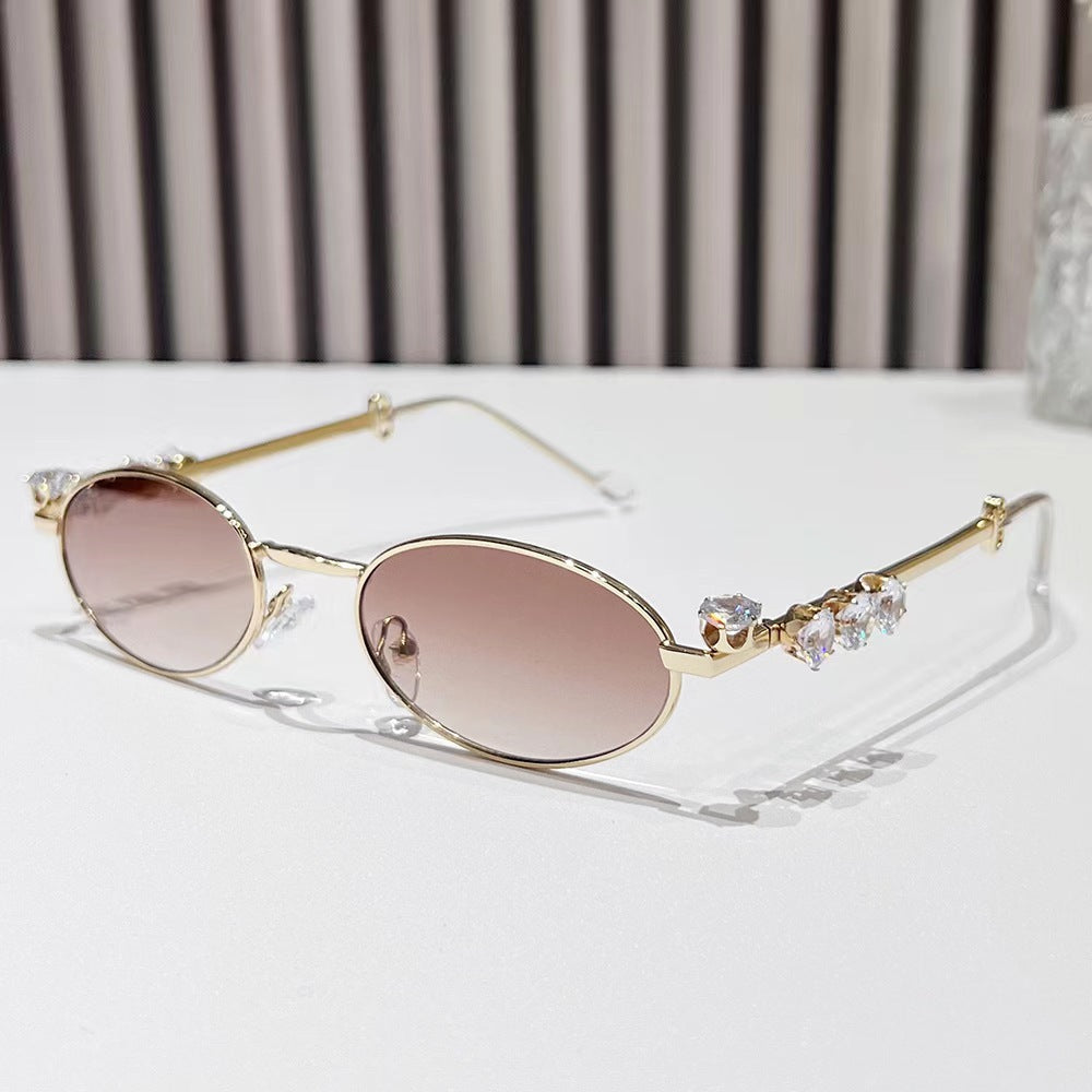 Wholesale Metal diamond oval small frame glasses resin anti-blue light glasses rhinestones plain y2k sunglasses