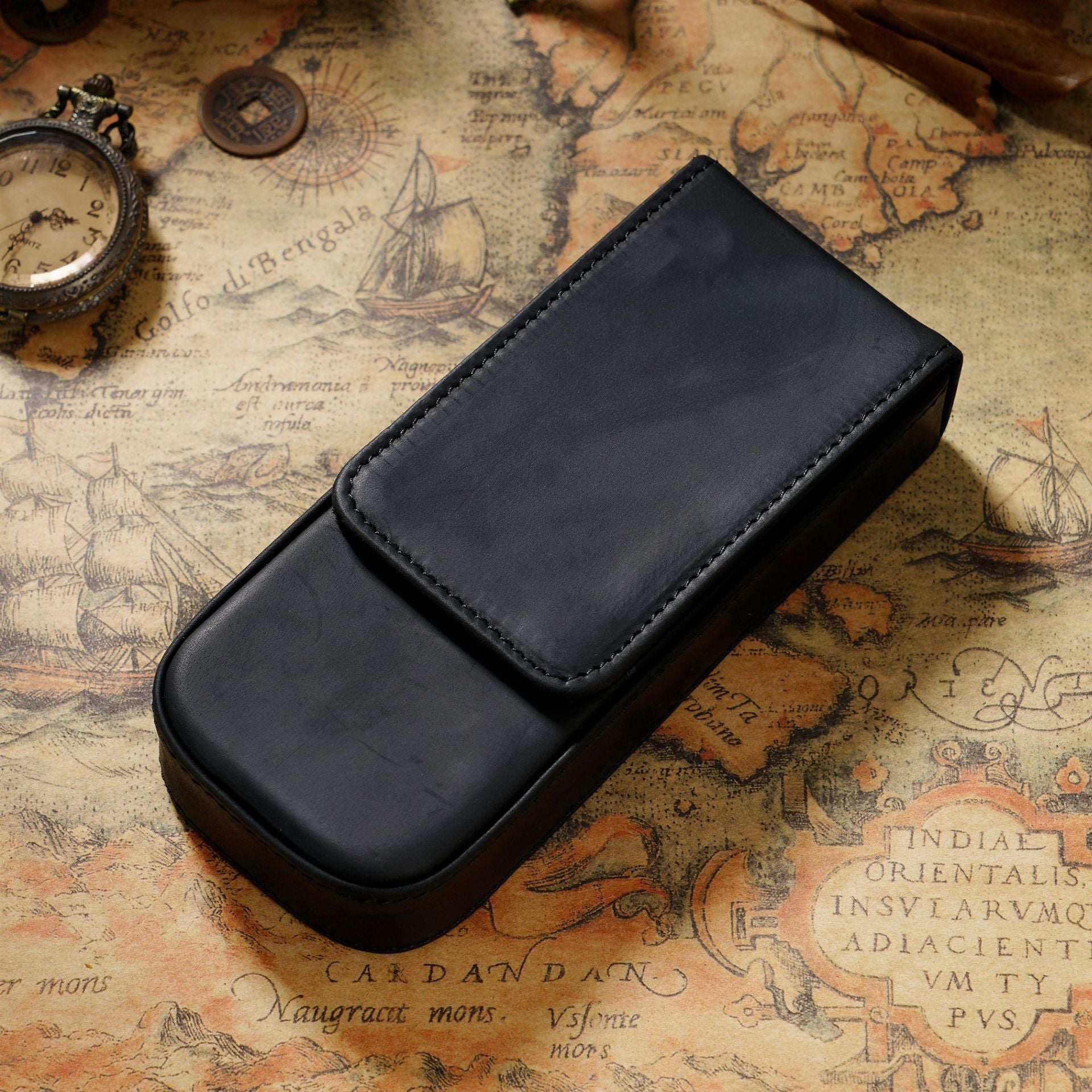 Wholesale Crazy Horse Leather 3-Pack Handmade Magnetic Drawer Pen Bag