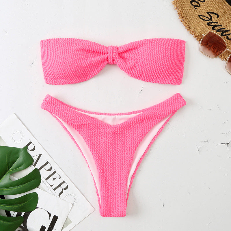 Wholesale Solid Color Bandeau Wavy Fabric Swimwear
