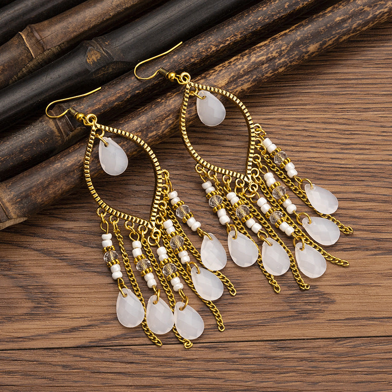 Wholesale Handmade Water Drop Rice Bead Bohemian Long Tassel Earrings