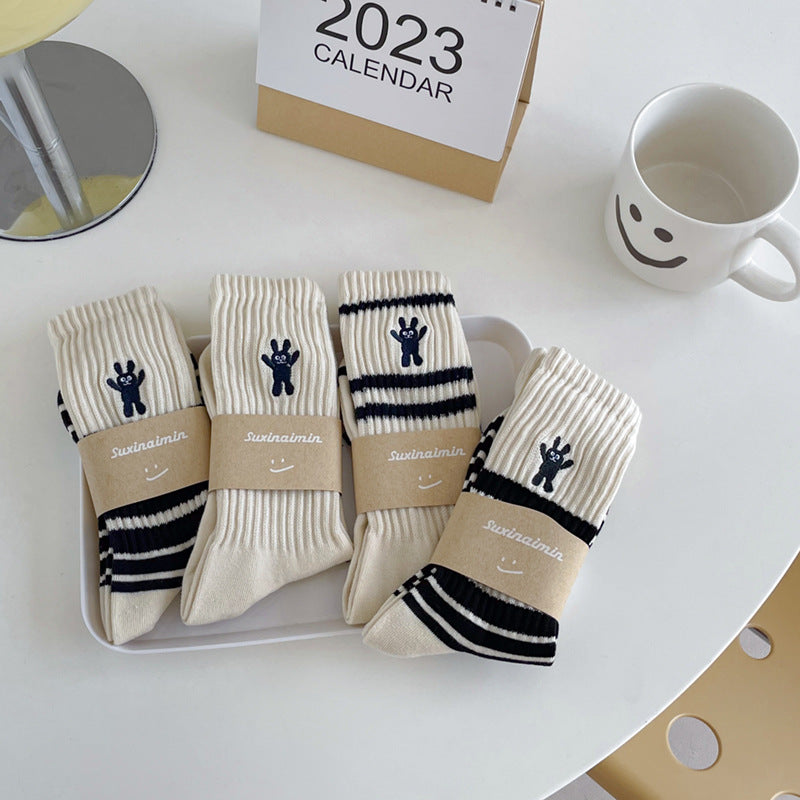 Wholesale Autumn and Winter Striped Embroidered Bunny Trendy Versatile Mid Length Socks