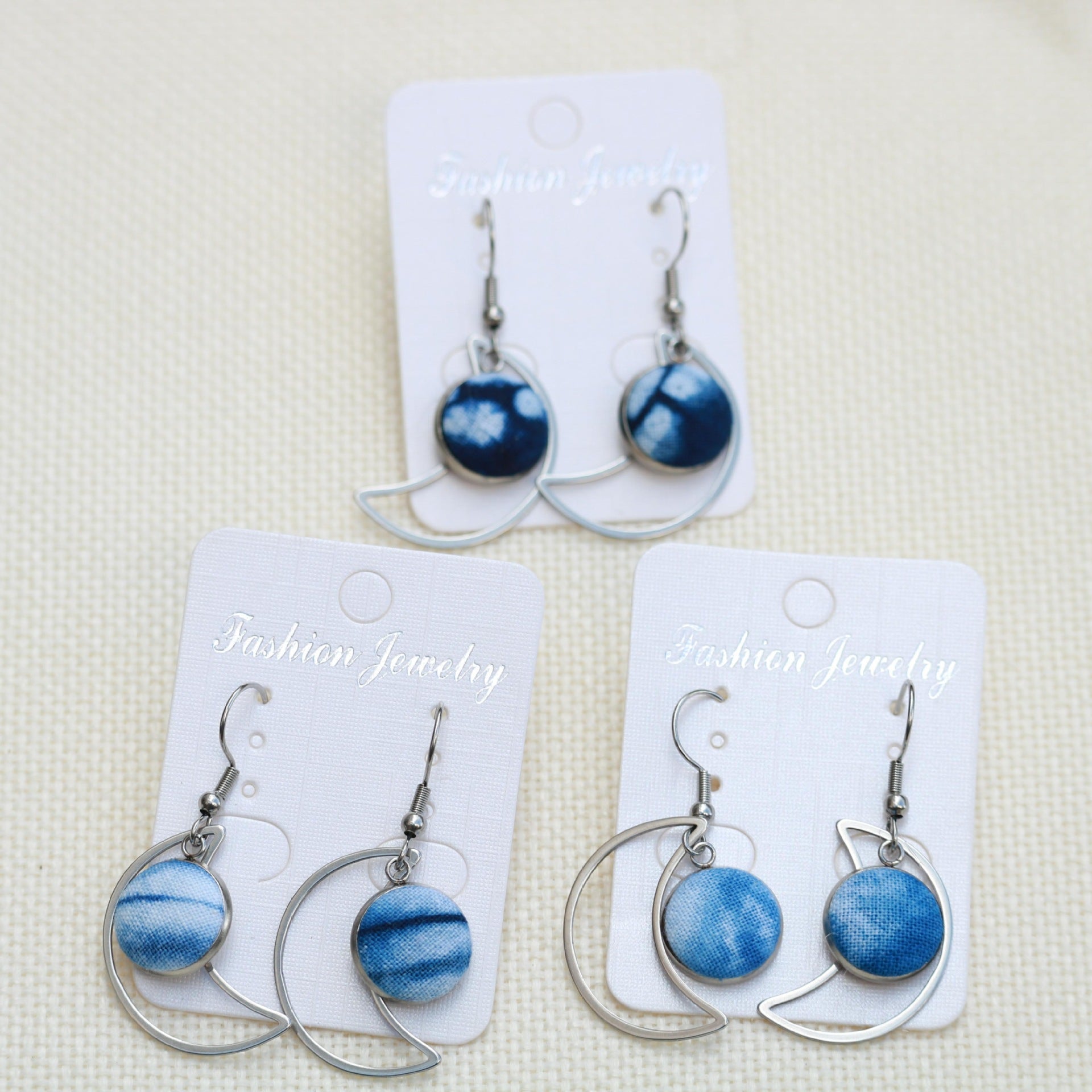 Wholesale Ethnic Style Earrings Tie-Dye Blue Dye Batik Hand-Woven Fabric Buckle Earrings Earrings