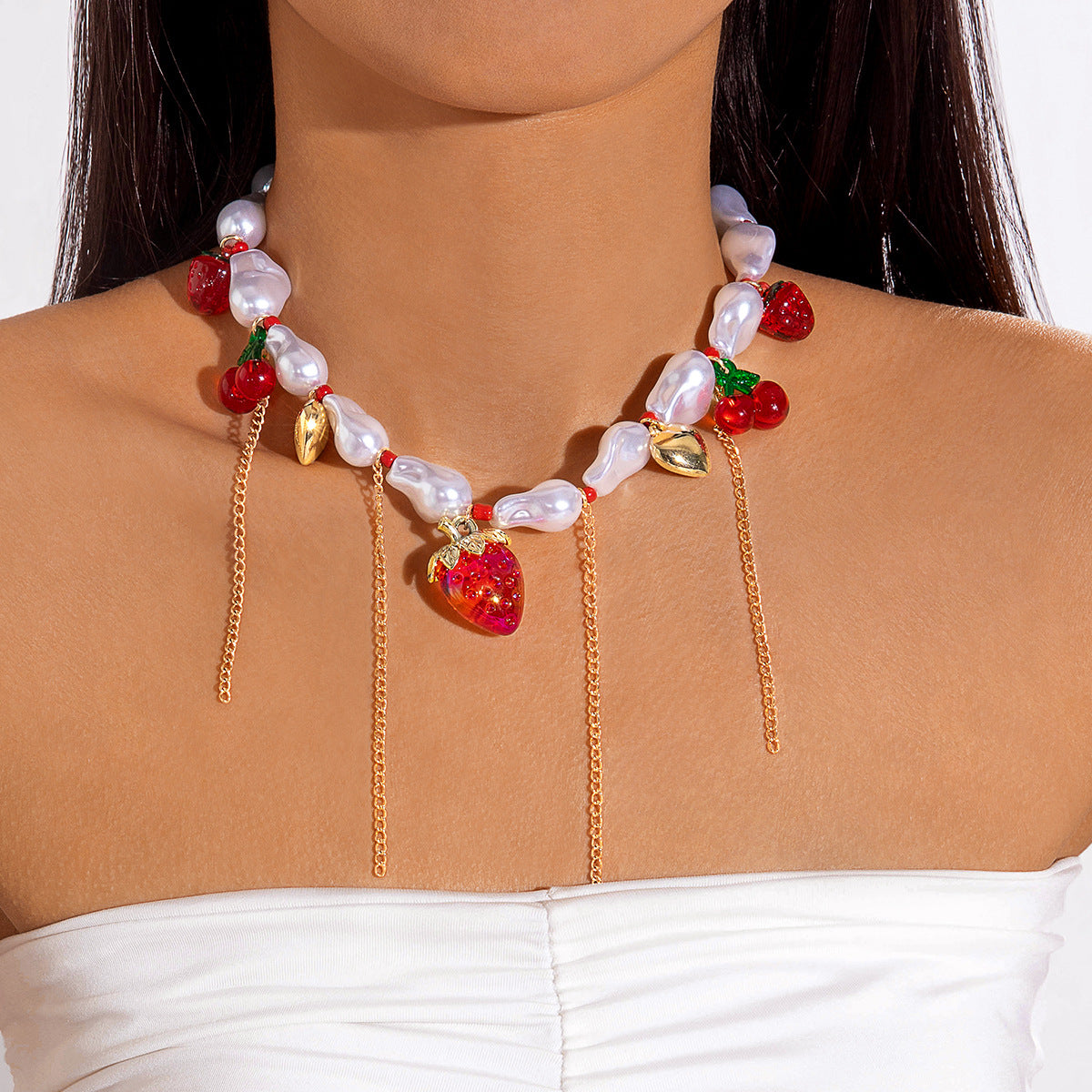 Wholesale Alien Pearl Strawberry Cherry Tassel Valentine' s Day Necklace