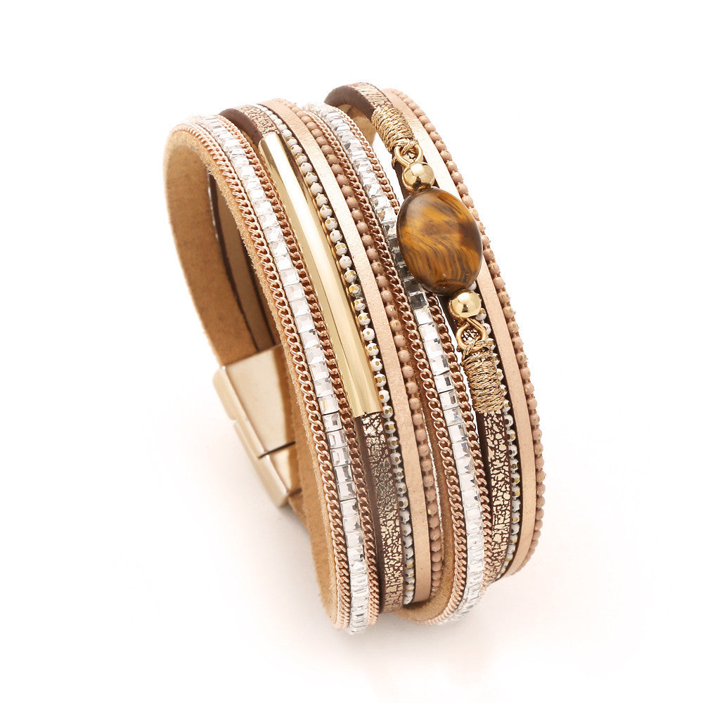 Wholesale Vintage Bohemian Crystal Feather Braided Leather Bracelet