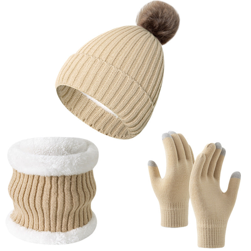 Wholesale Knitted Wool Warm Plus Velvet Thick Winter Scarf Gloves Hat Neck Three-piece Set