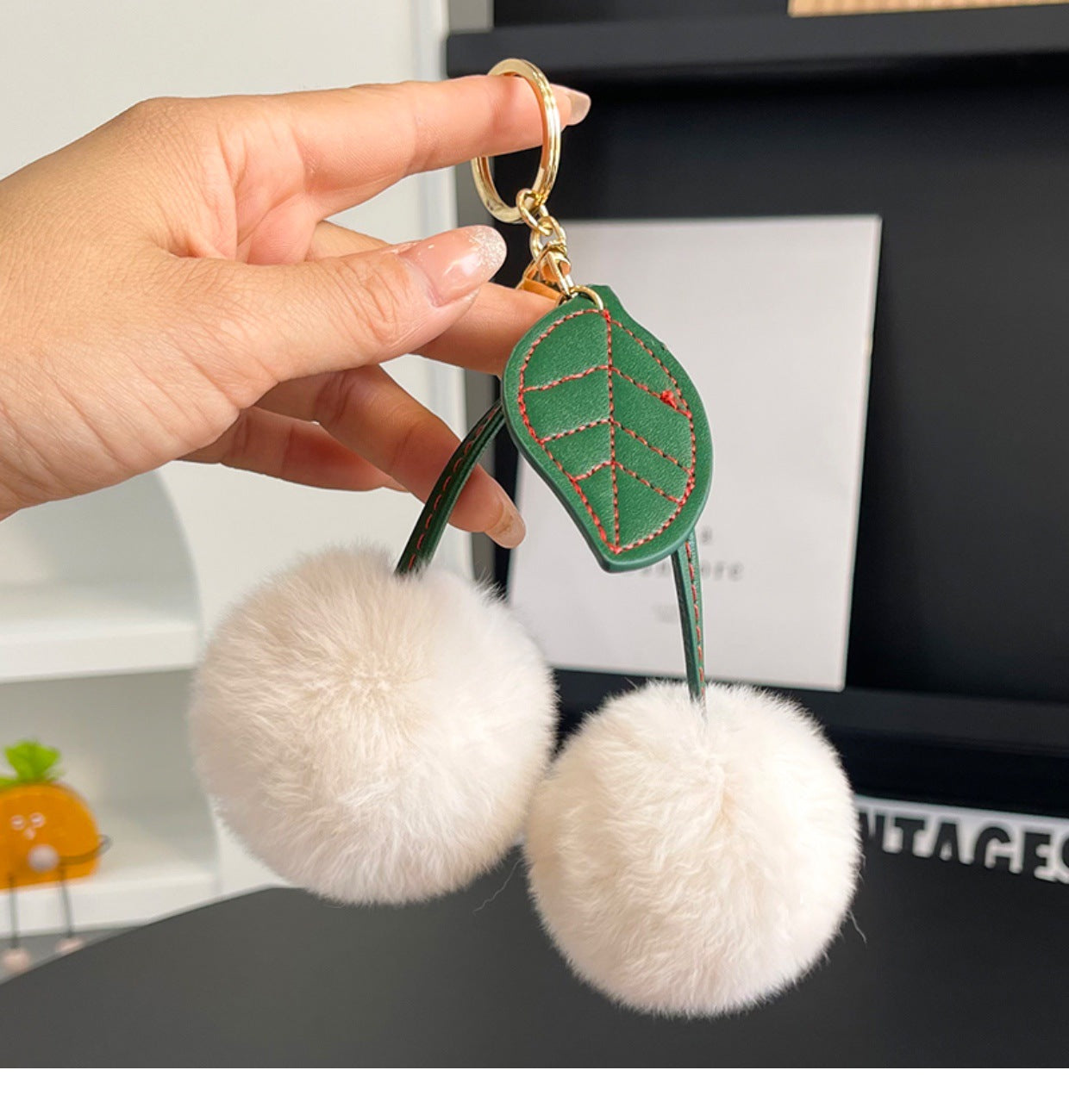 Wholesale Faux fur single leaf cherry plush pendant keychain