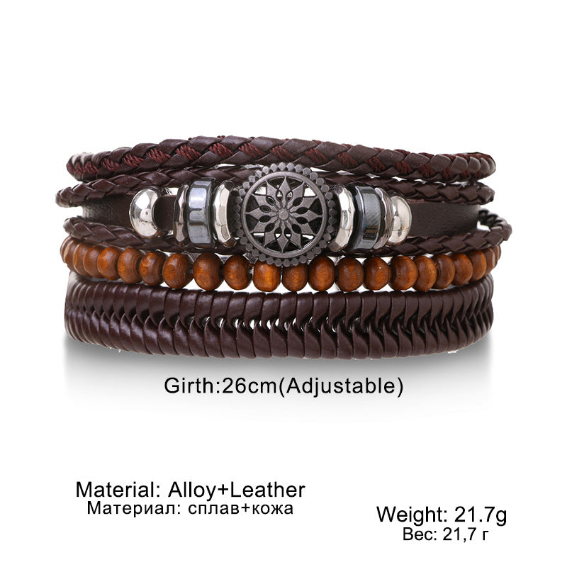 Wholesale Vintage Multi-layered Adjustable Leather Beaded Bracelet for Men