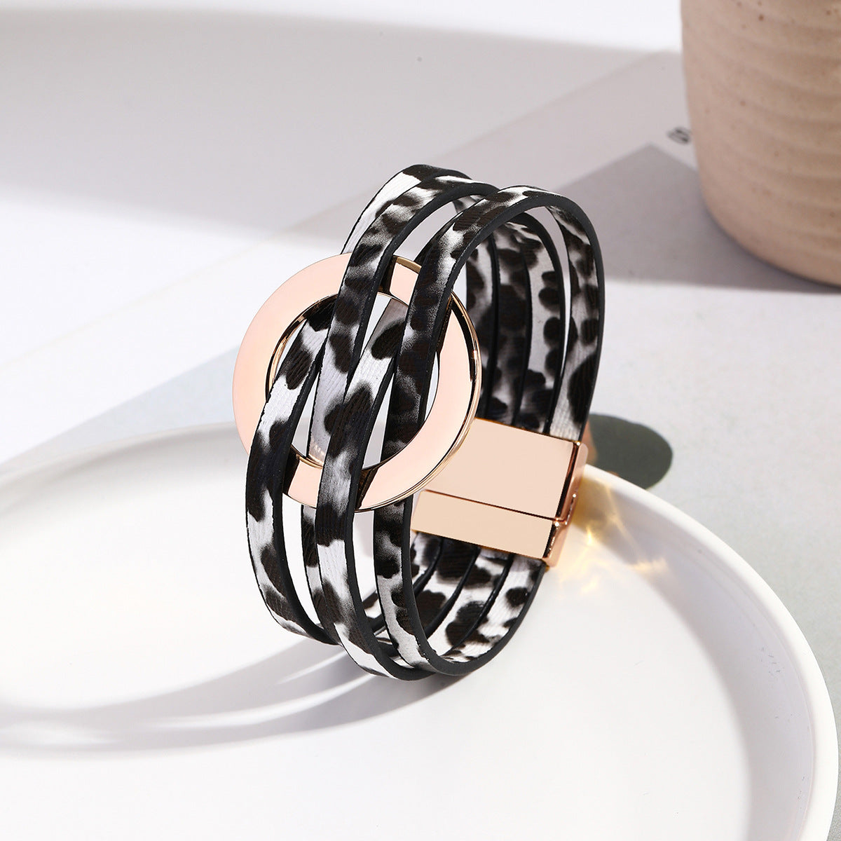 Wholesale Metal Leather Cross Women's Large Hoop Cuff Multi-layer Wristband Magnetic Clasp Bracelet