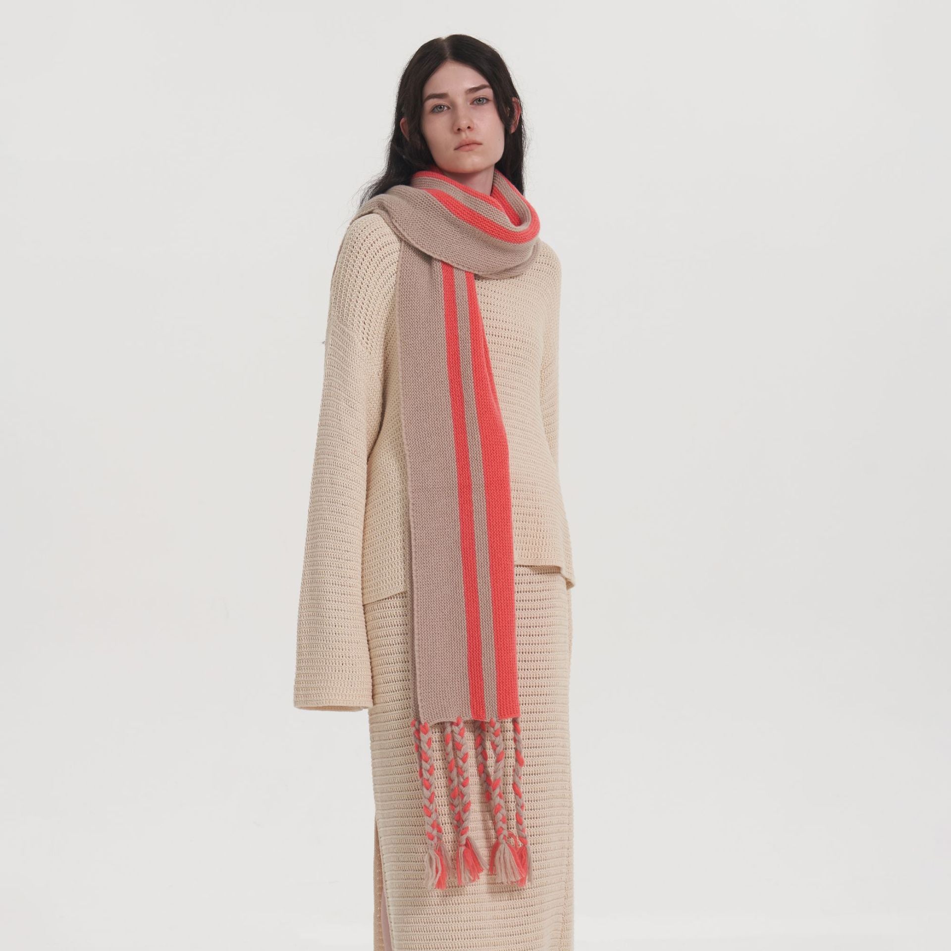 Wholesale Niche Geometric Striped Twist Tassel Knitted Scarf