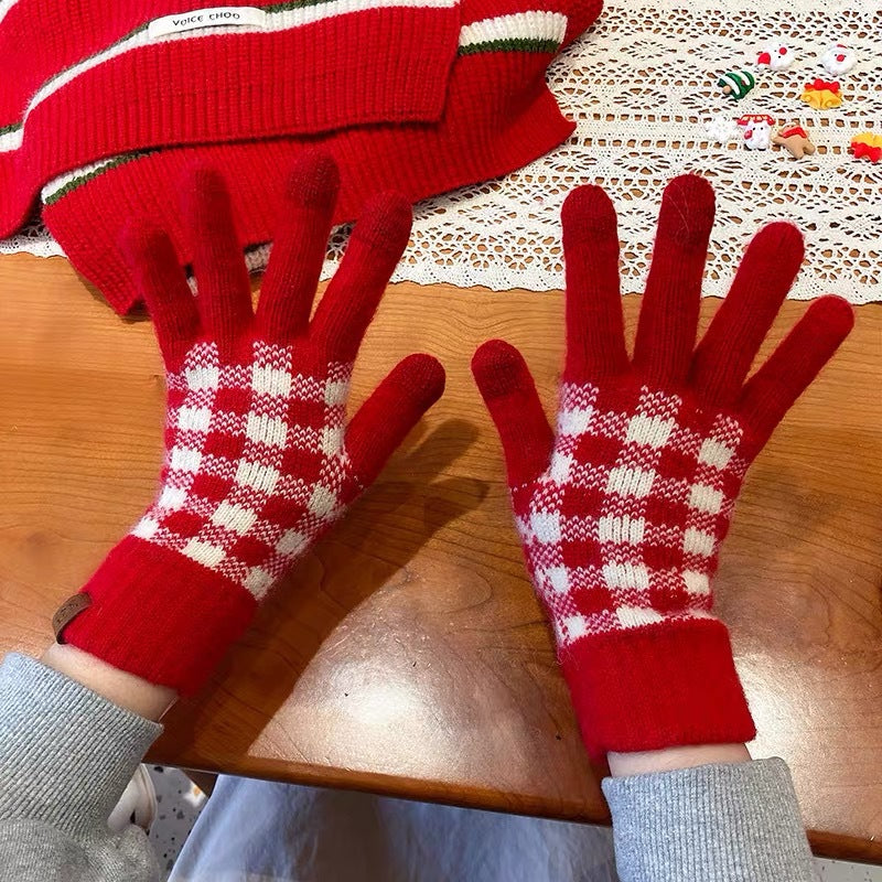 Wholesale All-match Red Knitted Five-finger Thick Warm Cycling Writing Touch Screen Wool Gloves