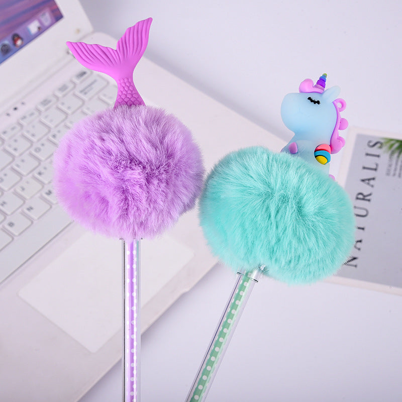 Wholesale 10PCS Creative Cartoon Unicorn Fishtail Hair Ball Plastic Ballpoint Pen